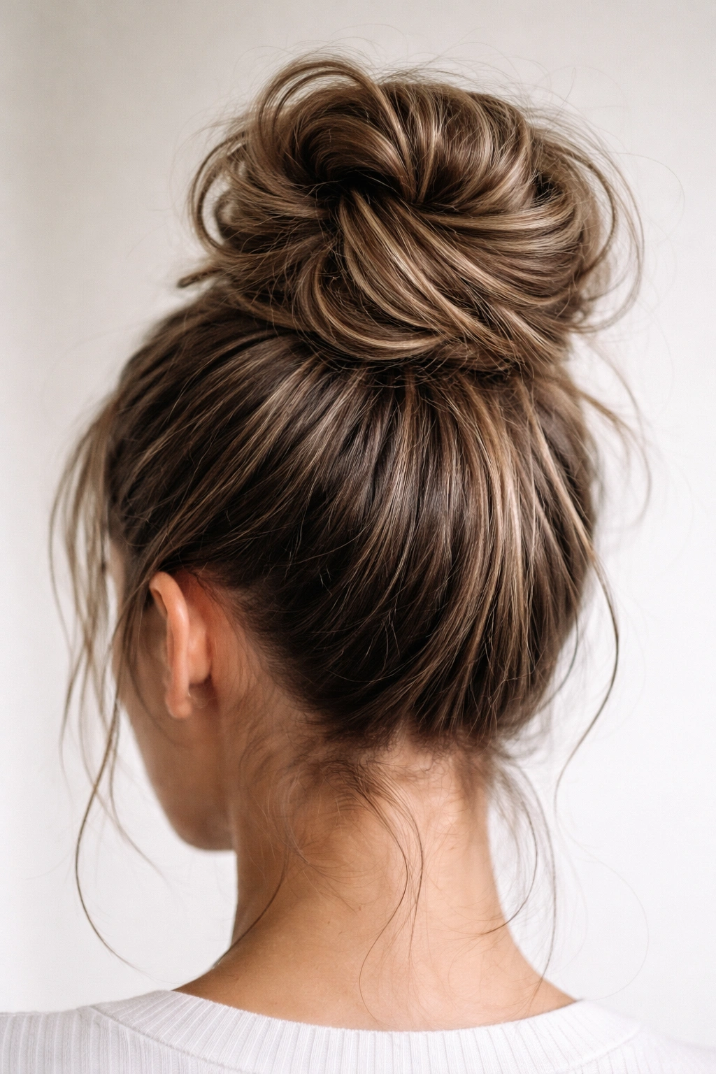 Close-up of a high messy bun with a tight twist at the crown