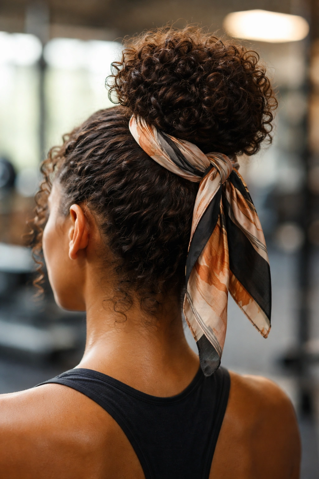 Close-up of a high bun with silk scarf wrap securing curly hair