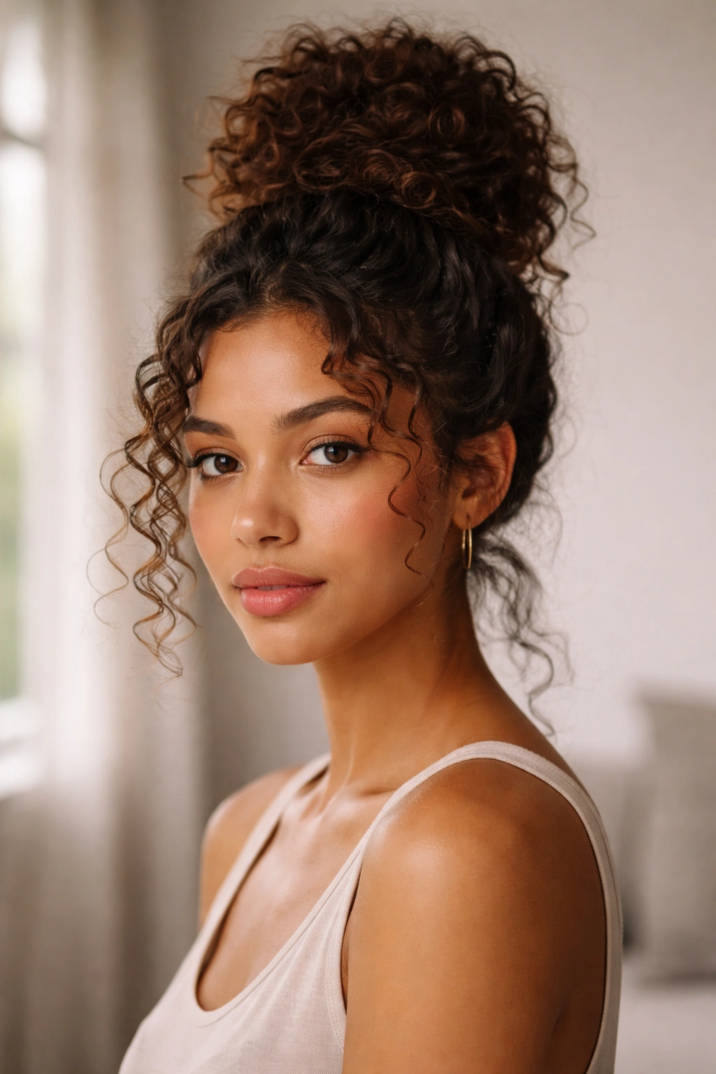 Close-up of a curly-haired model wearing a textured high bun with crown volume