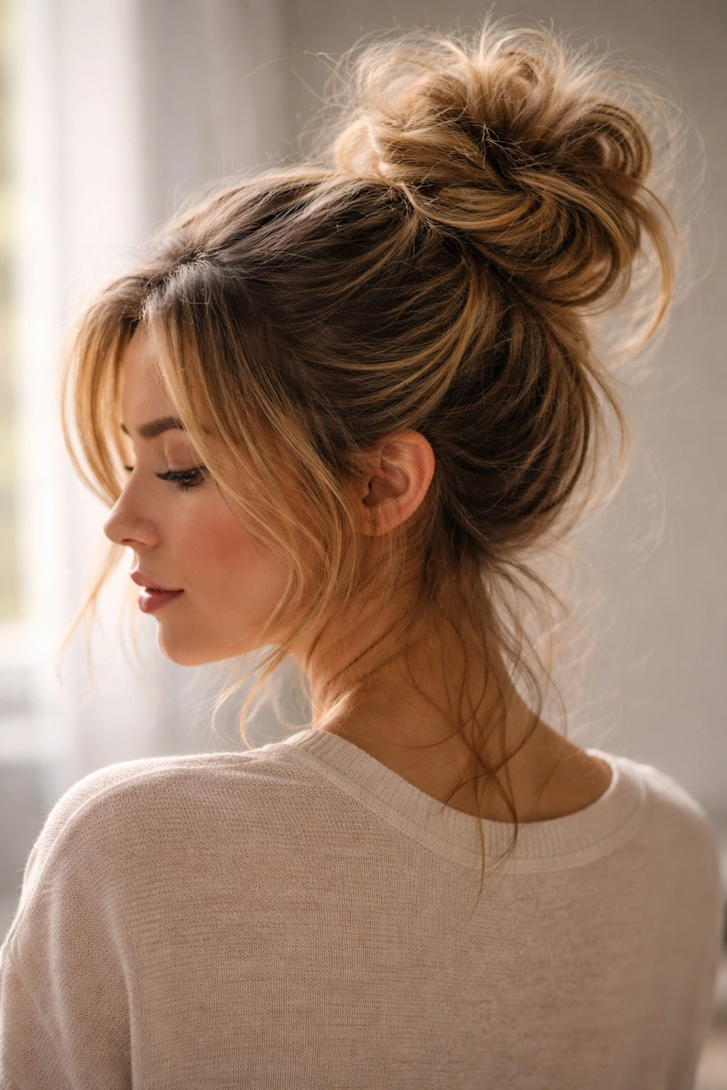 High messy bun with loose strands and visible layered texture.