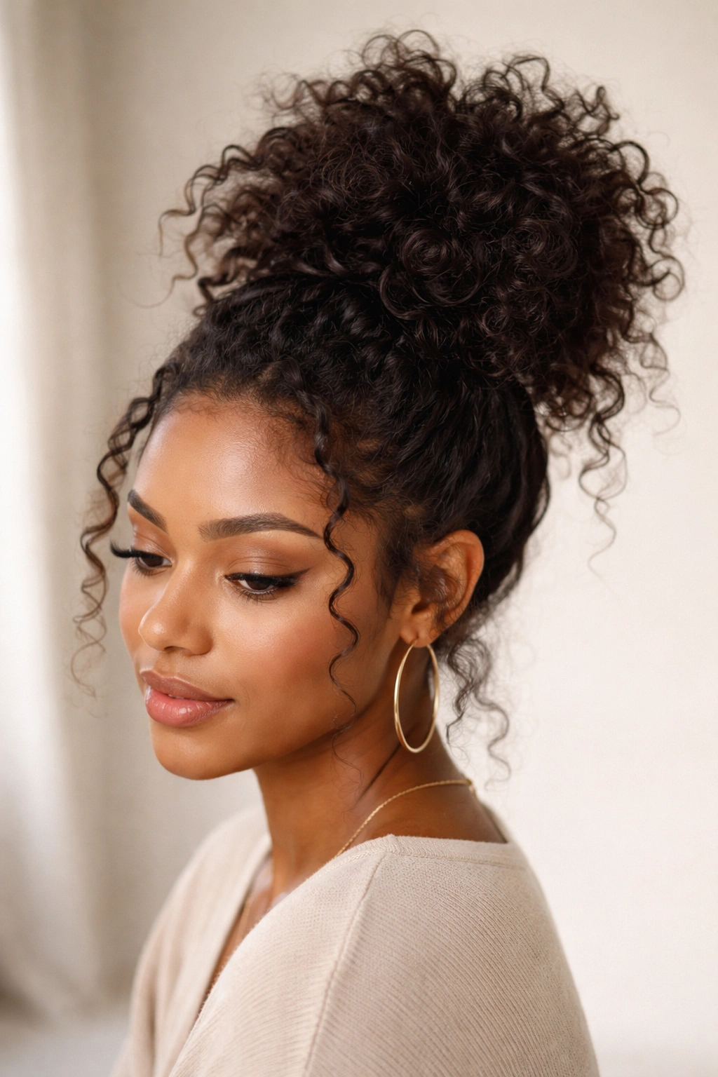 Close-up of a high messy bun on textured Black hair showing volume and curl pattern
