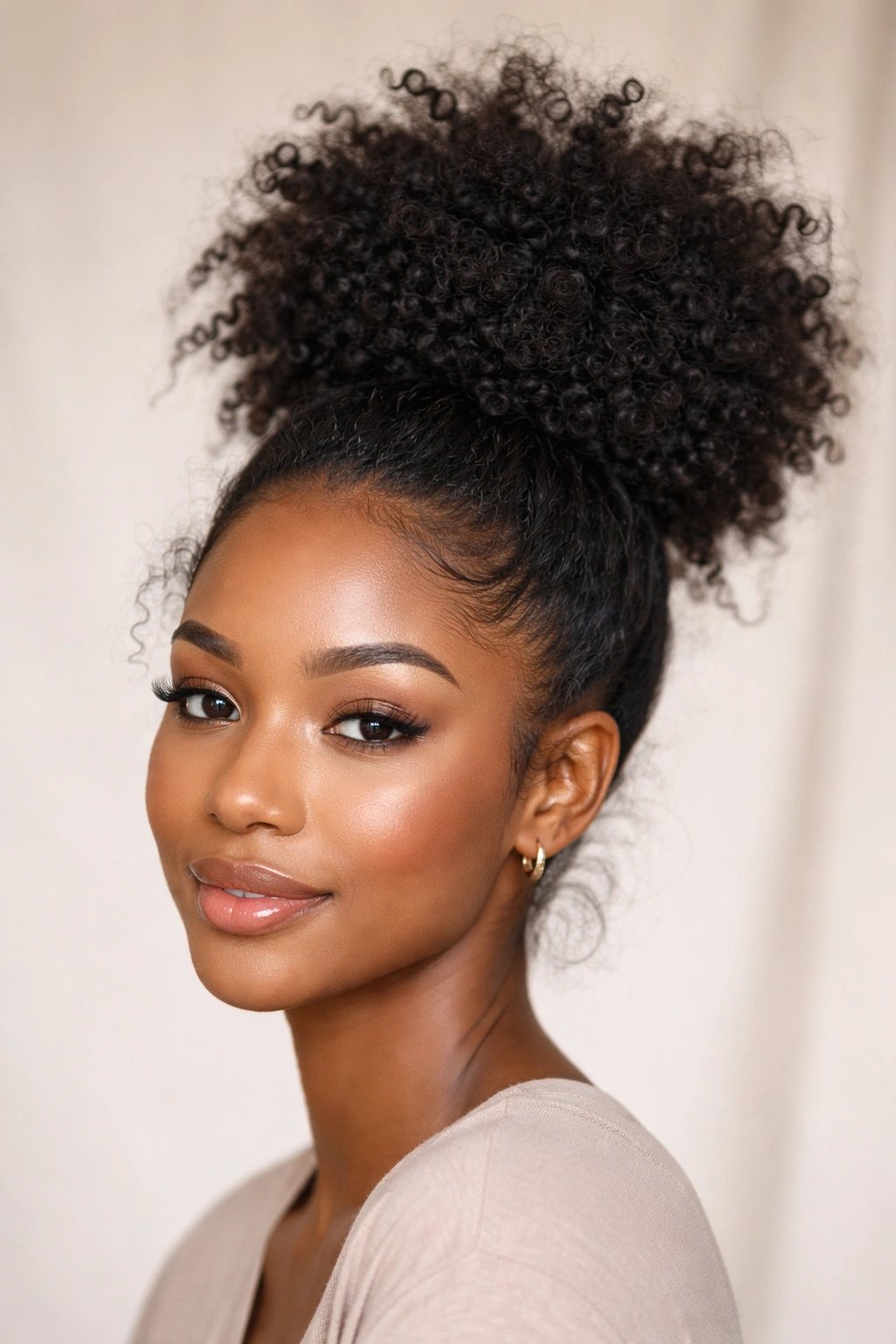 Close-up of The Classic High Puff Bun on textured natural hair with a voluminous crown.