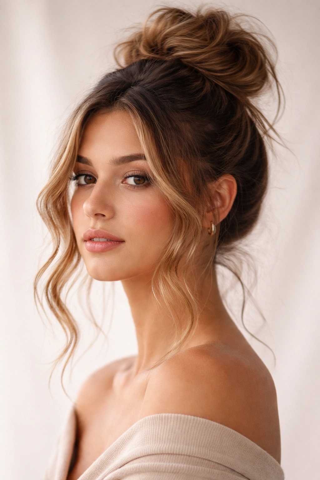 Close-up of a wavy updo with a textured high bun and face-framing pieces
