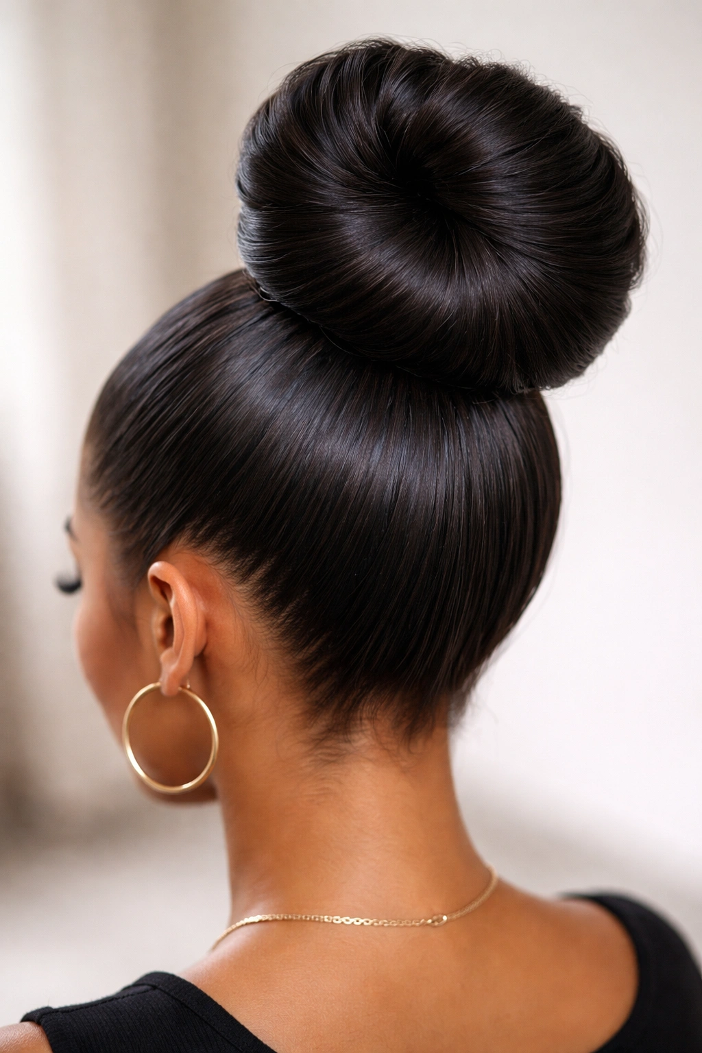 High bun created from weave ponytail at crown