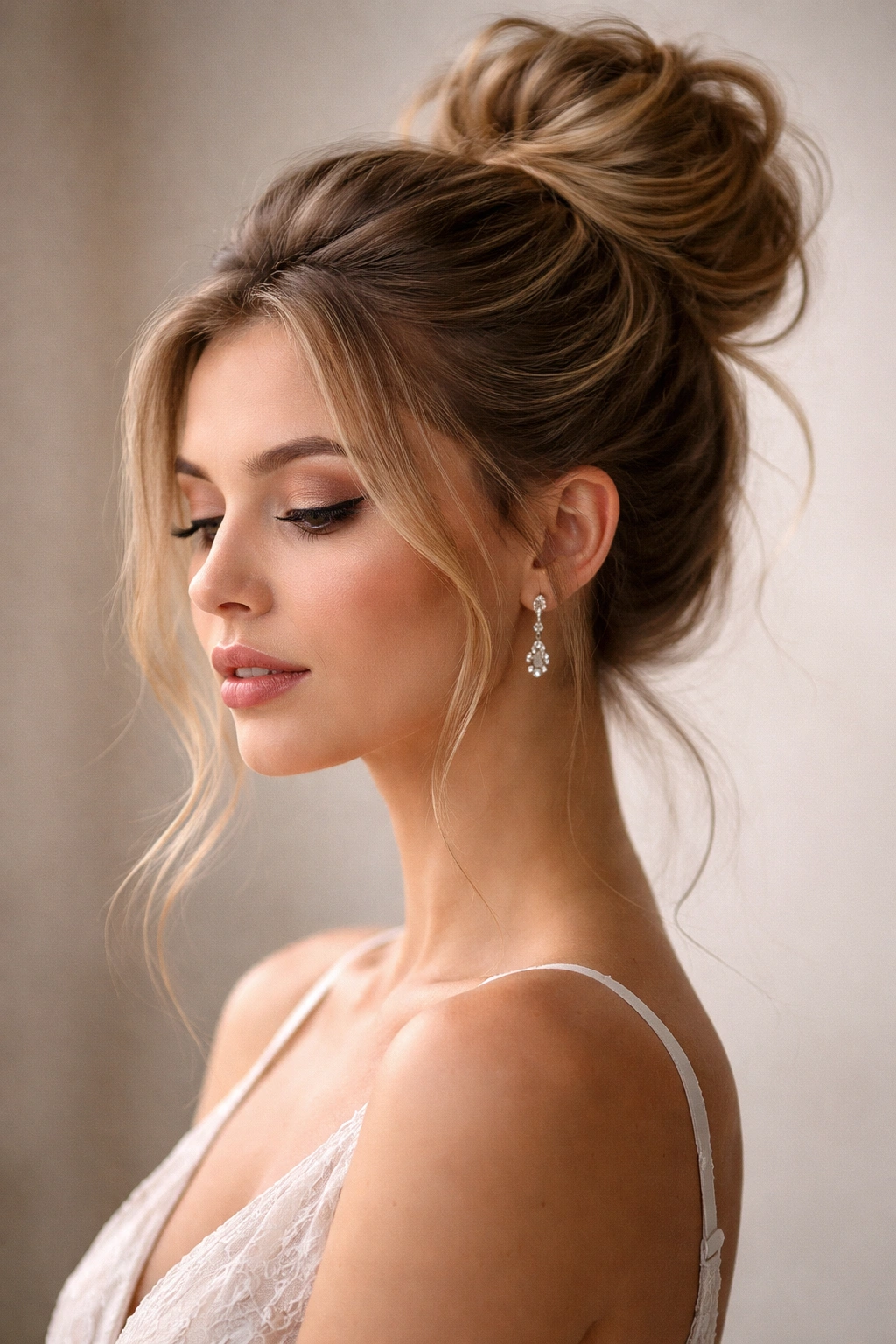 Close-up of a classic high bun with romantic wisps framing the face and crown lift