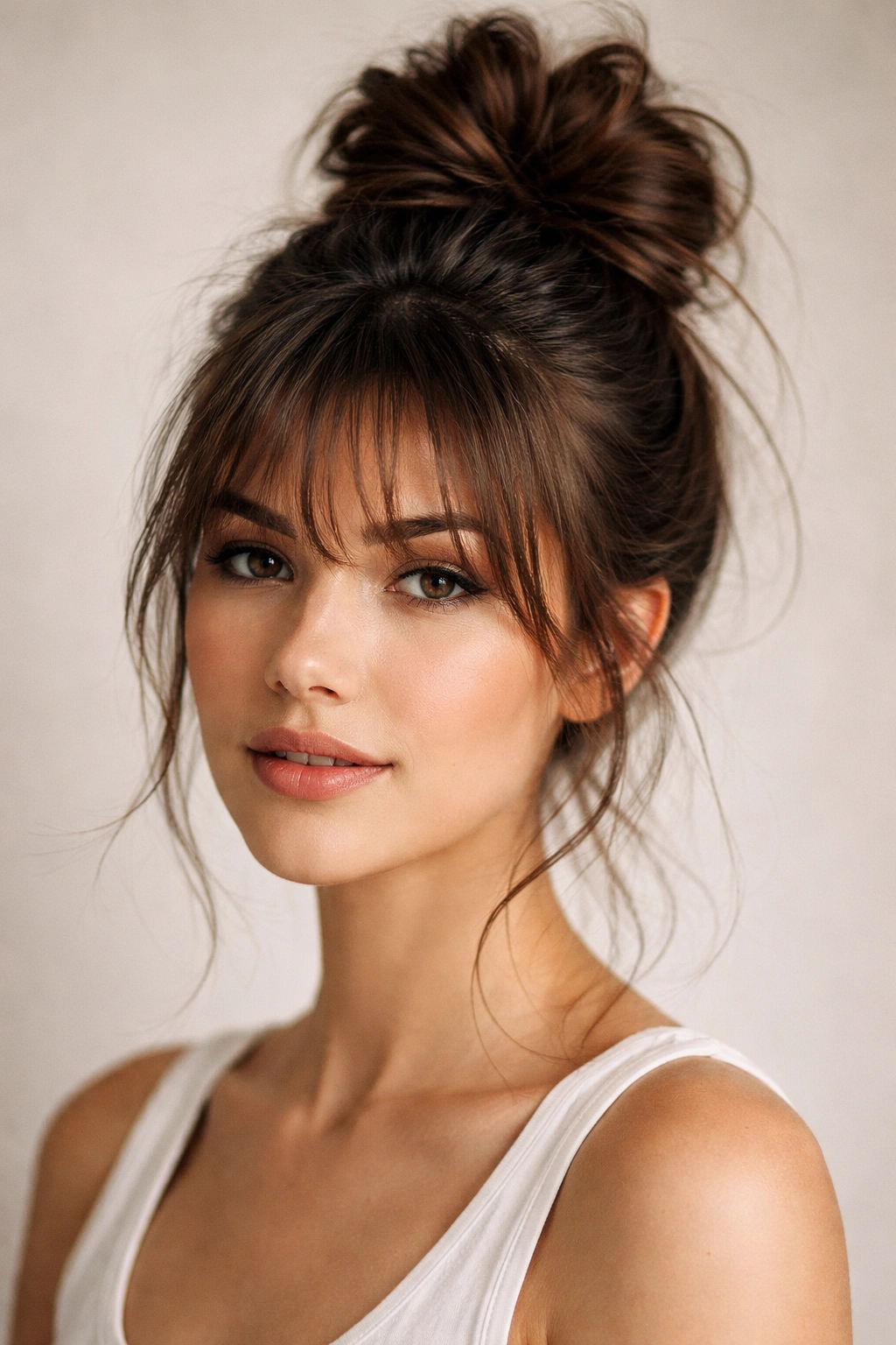 Close-up of a high tousled bun with wispy bangs against a neutral studio backdrop