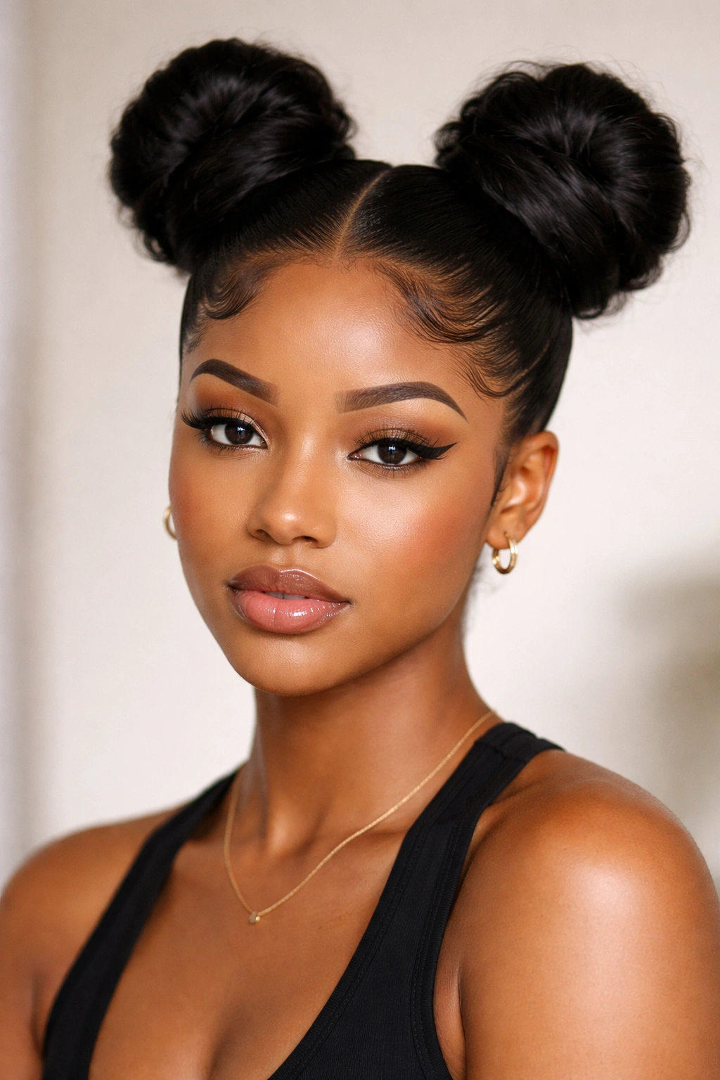Close-up of two high double buns with smooth edges on textured hair
