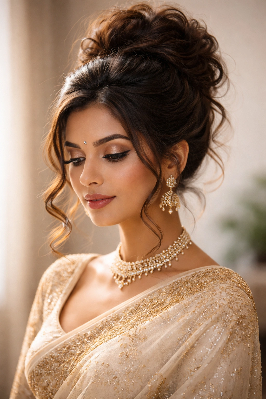 High crown messy bun with curled ends framing the face