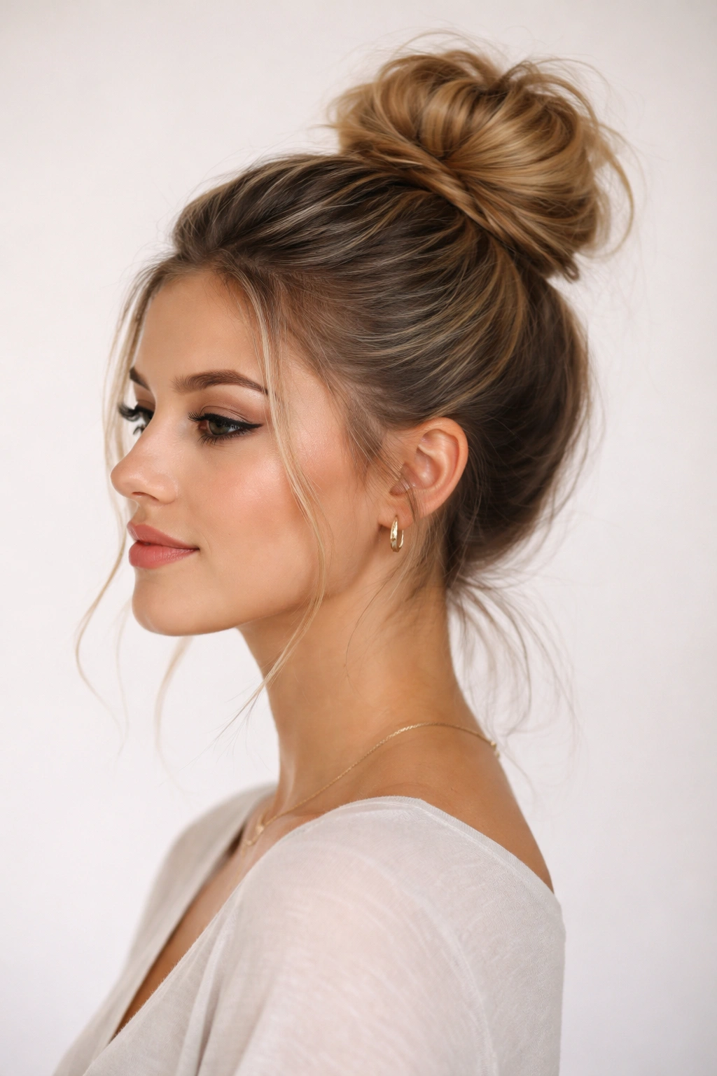 Compact high bun at the crown with textured top