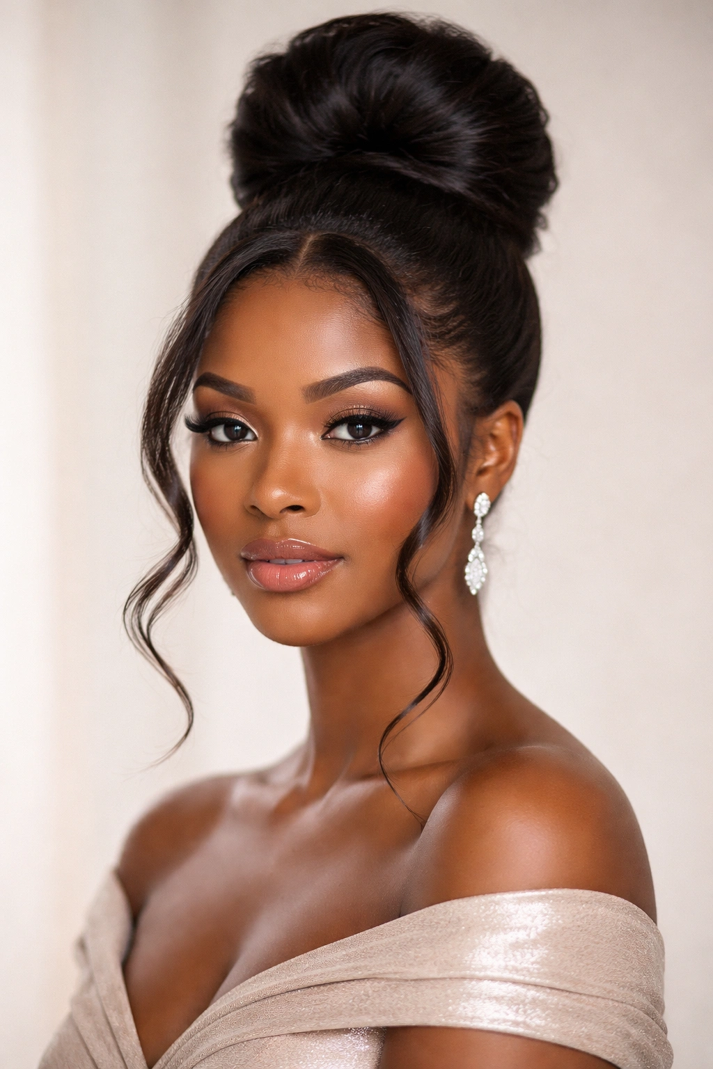 Close-up of a high crown bun with face-framing swoop for an elegant wedding updo