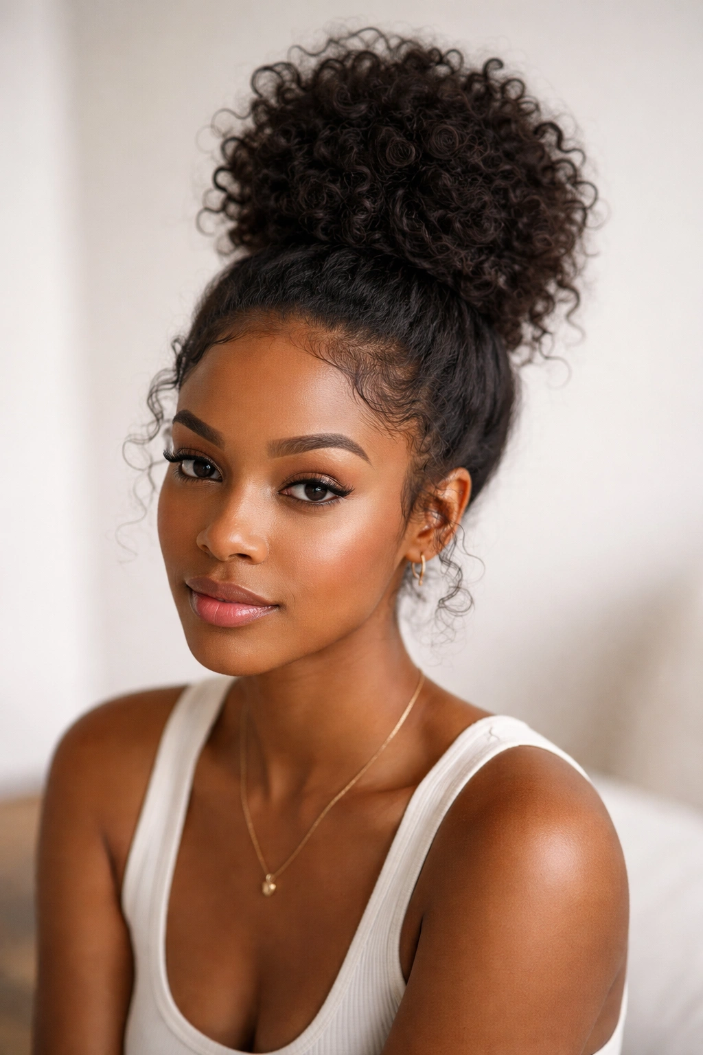 Close-up of a high crown messy bun on natural Black hair with volume