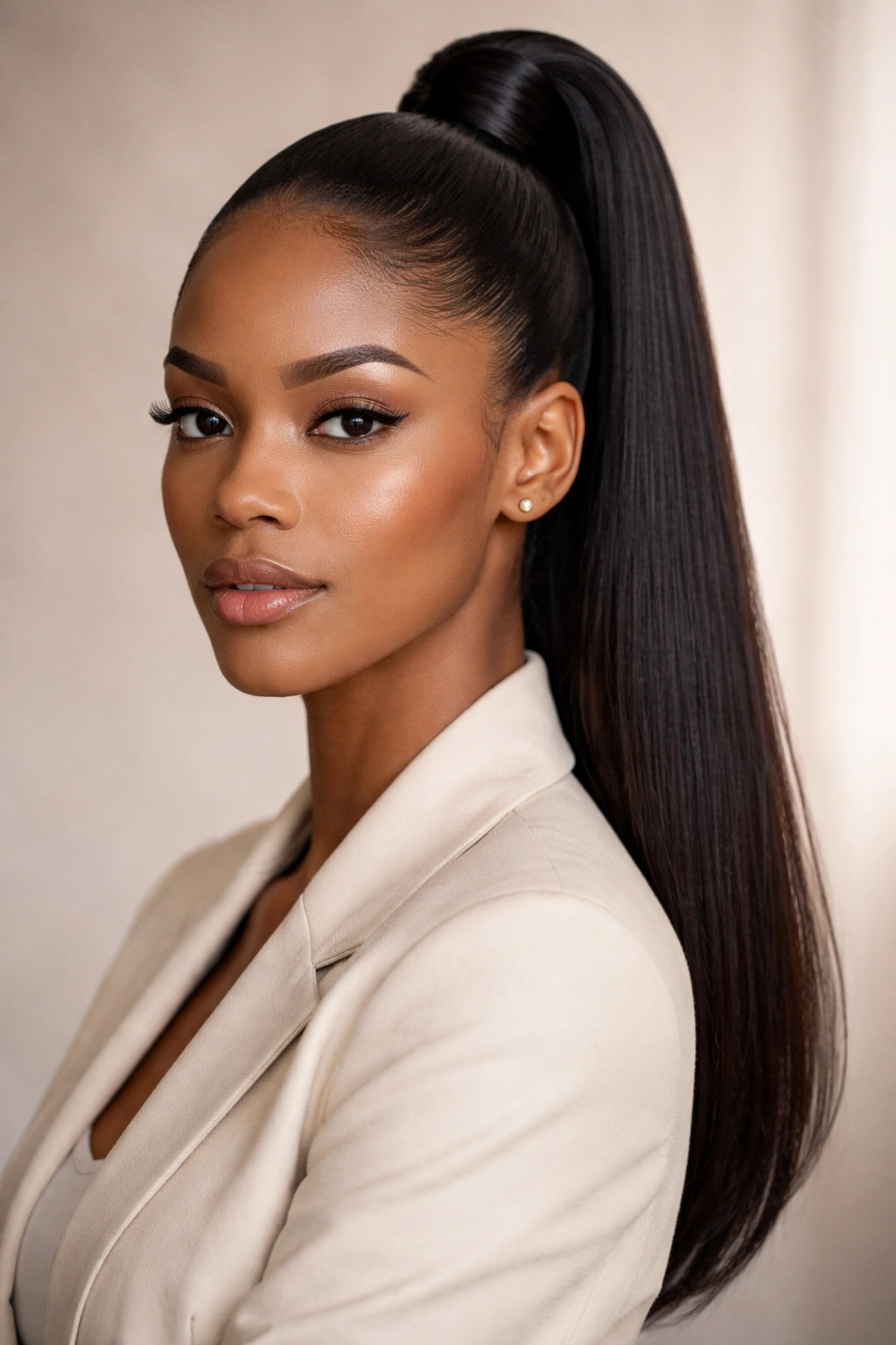 High-crown sleek ponytail on a professional portrait with no flyaways