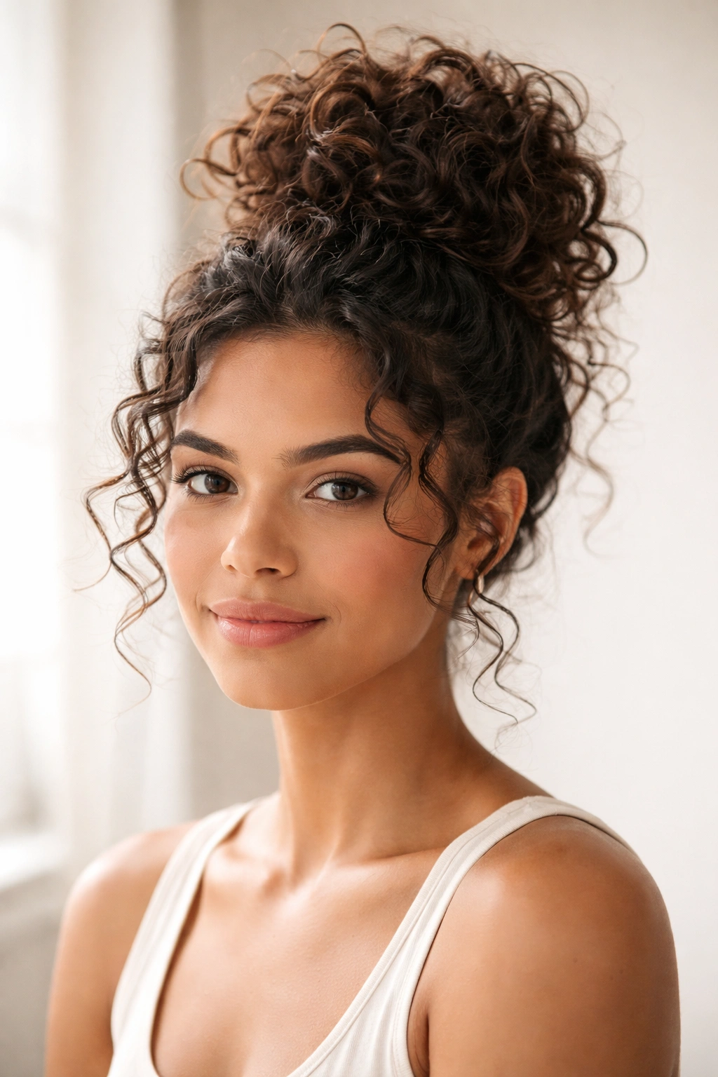 Close-up of a high curly bun at the crown with defined curls