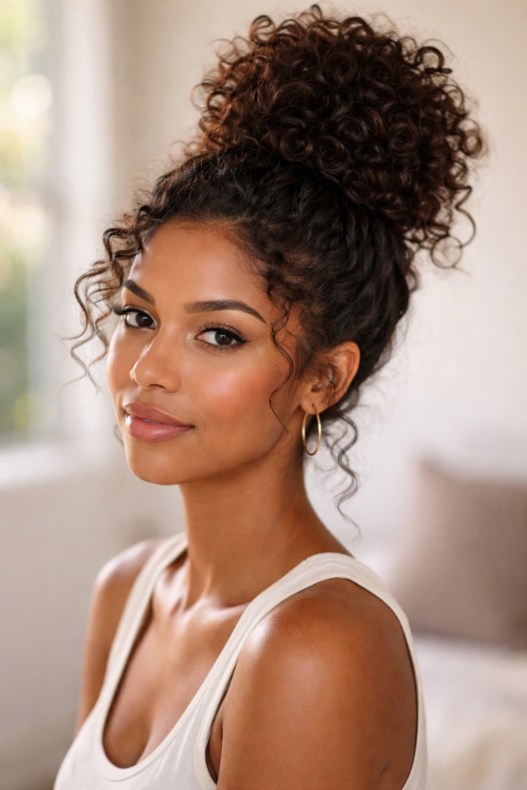 High curly bun with defined texture