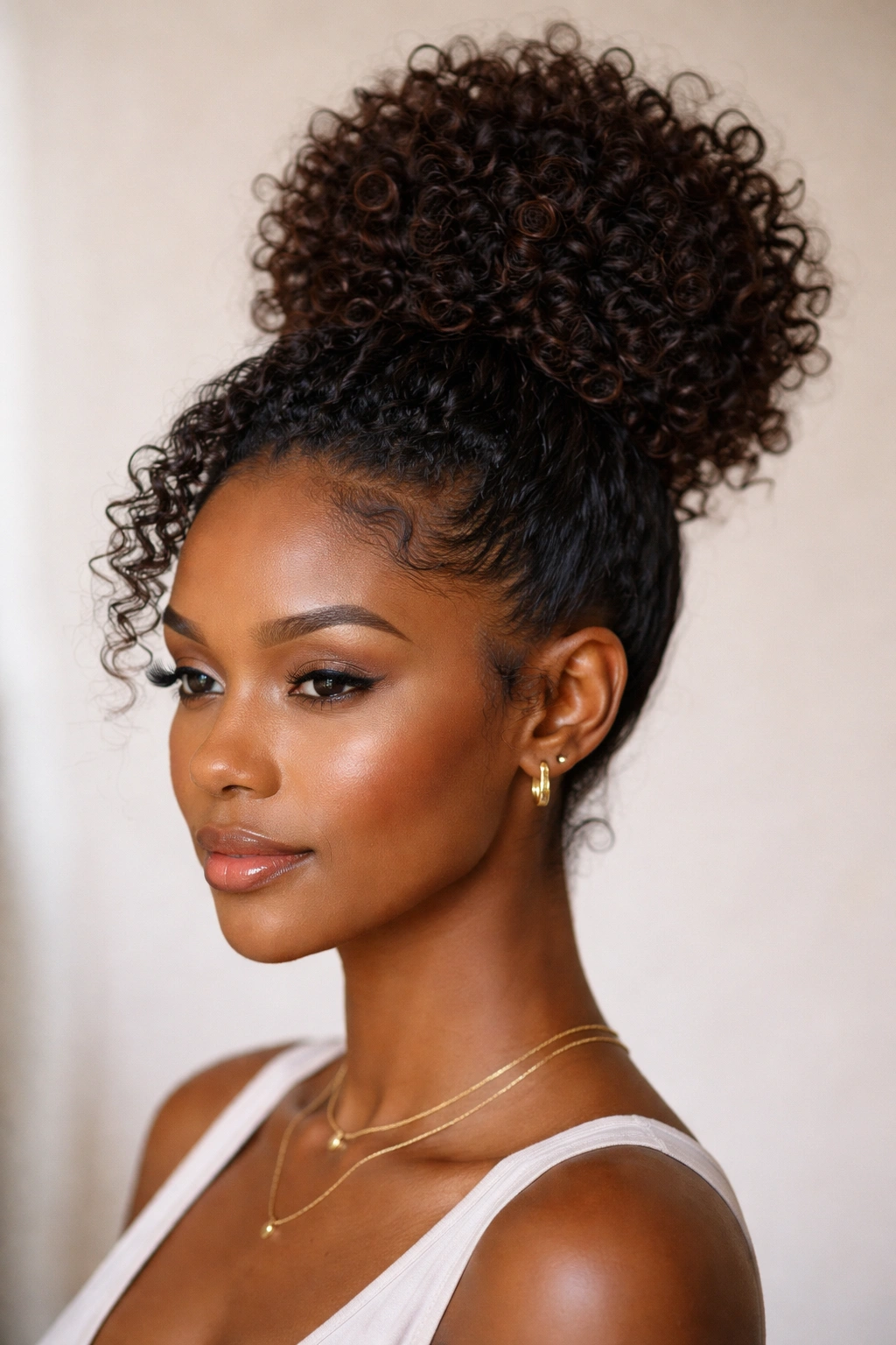 High curly bun on textured curls with crown lift