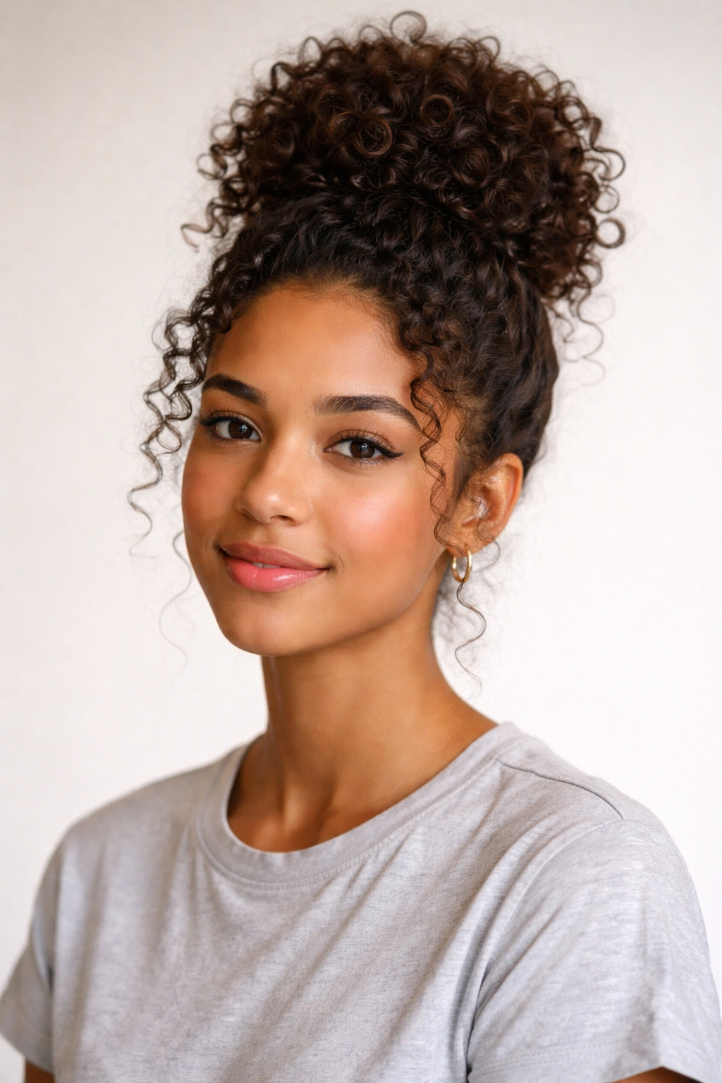 Close-up of a high curly bun with defined curls, studio portrait