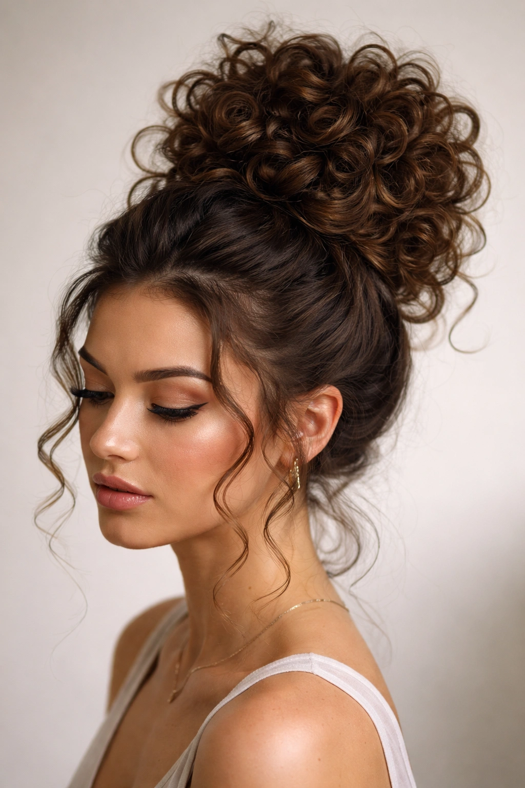 High, voluminous curly bun with cascading curls around the base