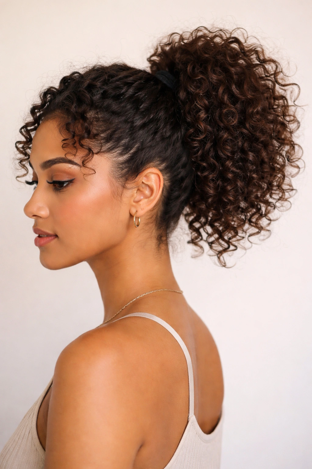 Close-up of a high curly ponytail showing dense curls at the crown and cascading coils