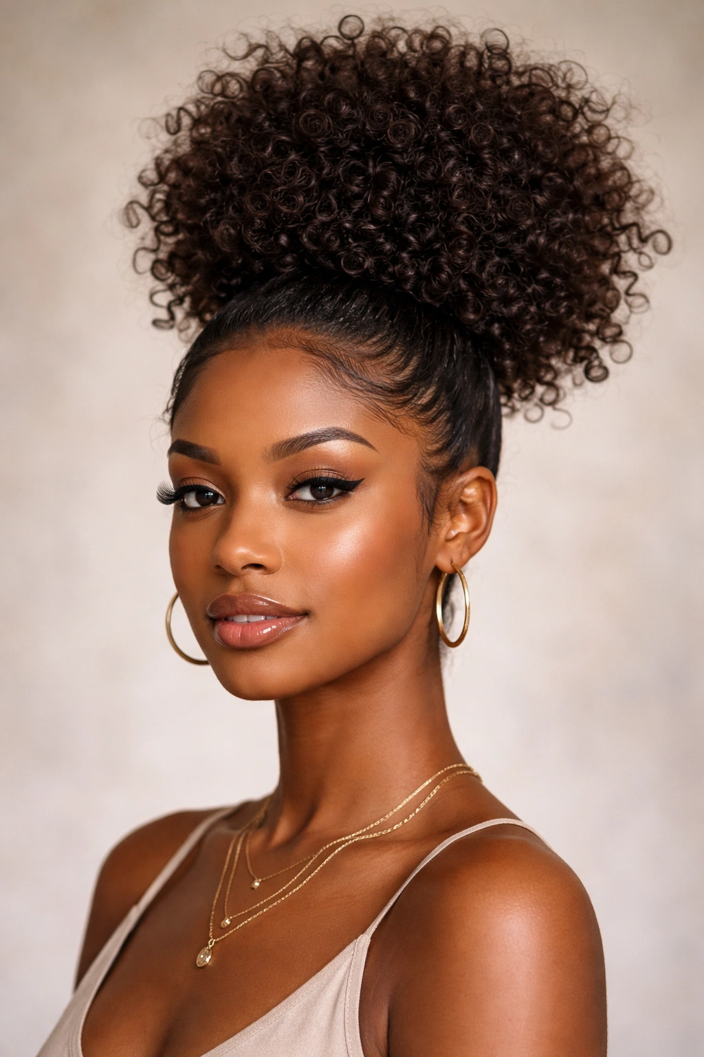 Voluminous curls forming a high puff at the crown