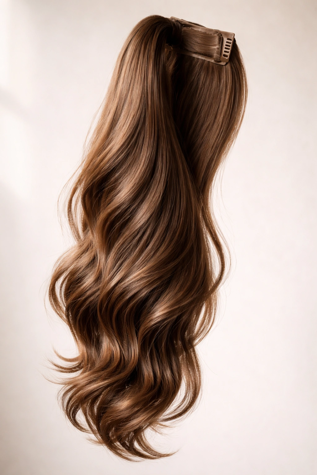 Close-up of a high-density human hair ponytail extension on a neutral background