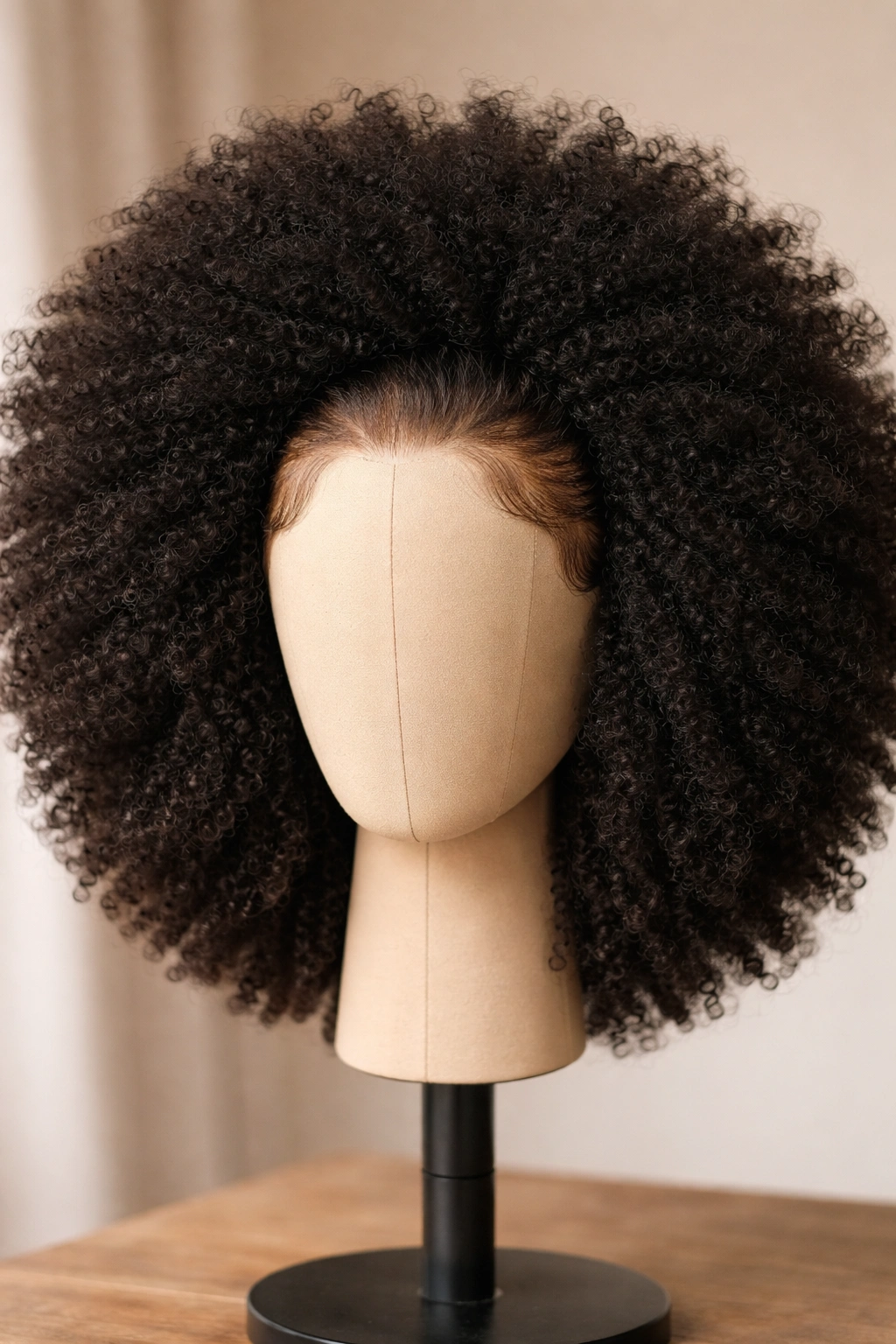 High-density afro wig with realistic hairline and baby hairs on a neutral stand