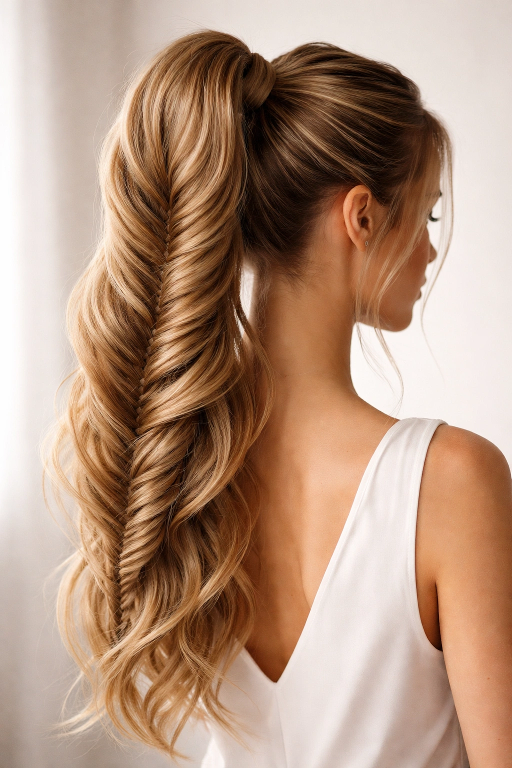 High fishtail ponytail at crown for maximum volume with prominent braid