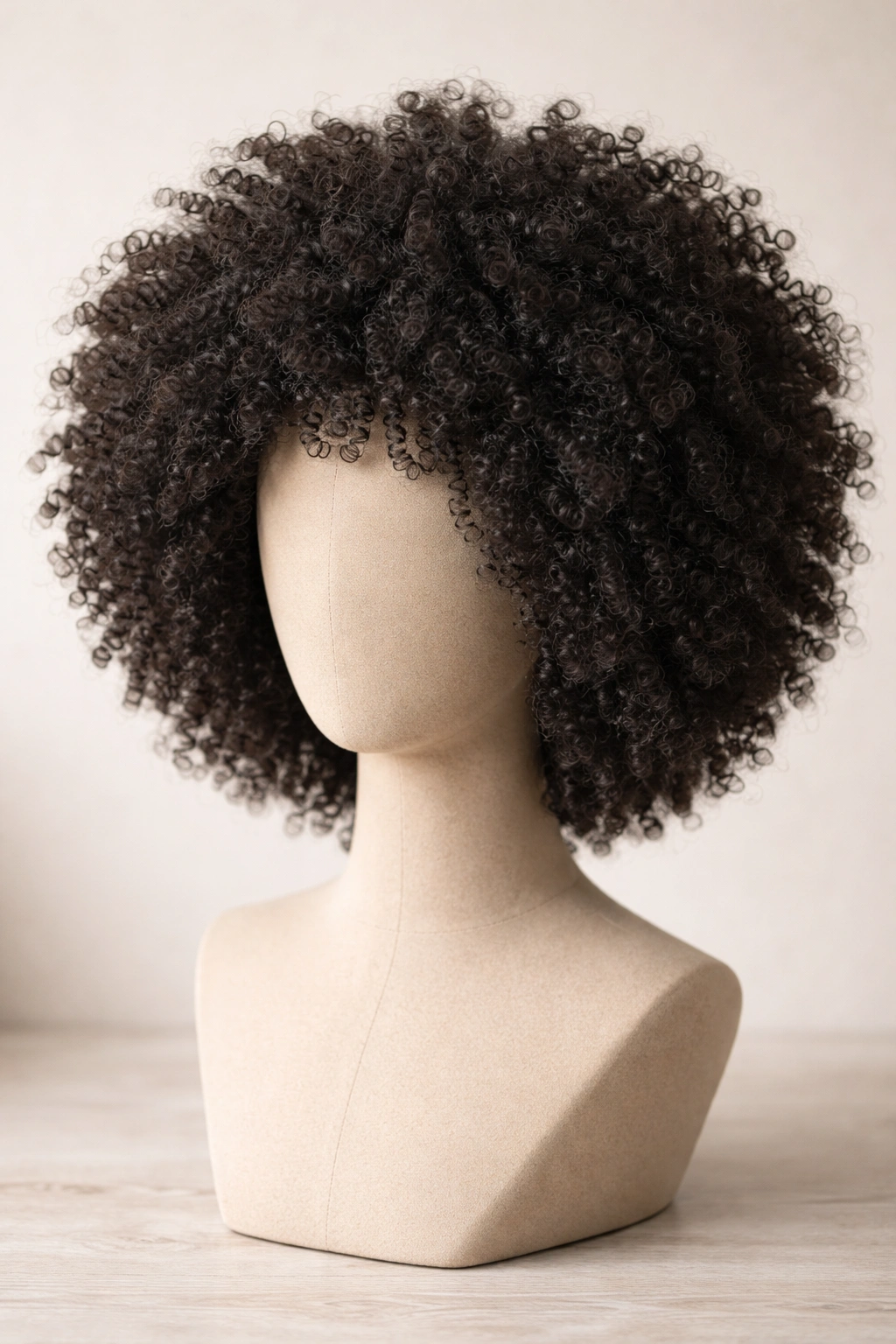 Matte-finish synthetic high-heat curly afro wig on mannequin head