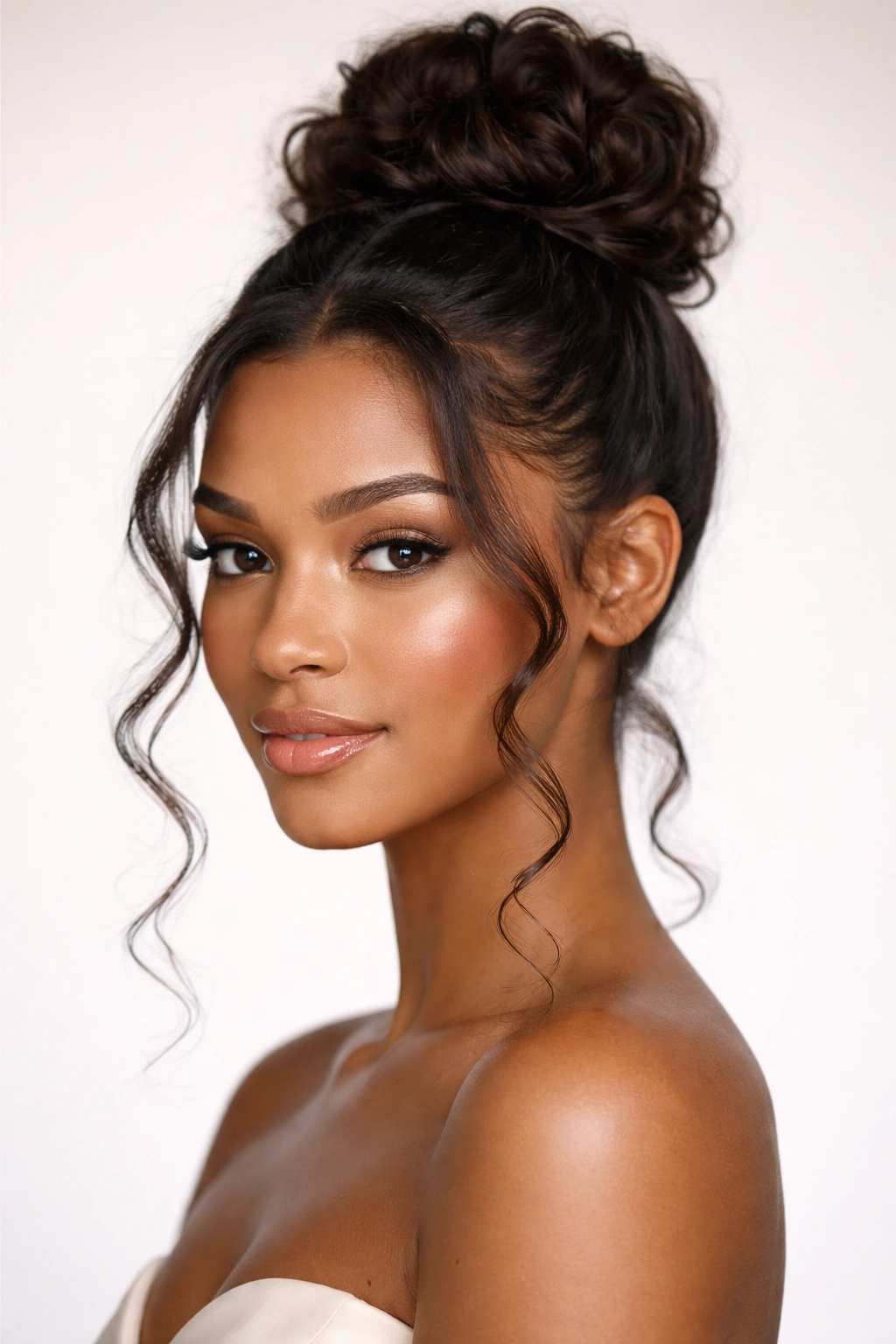 Polished high knot with soft face-framing curls.