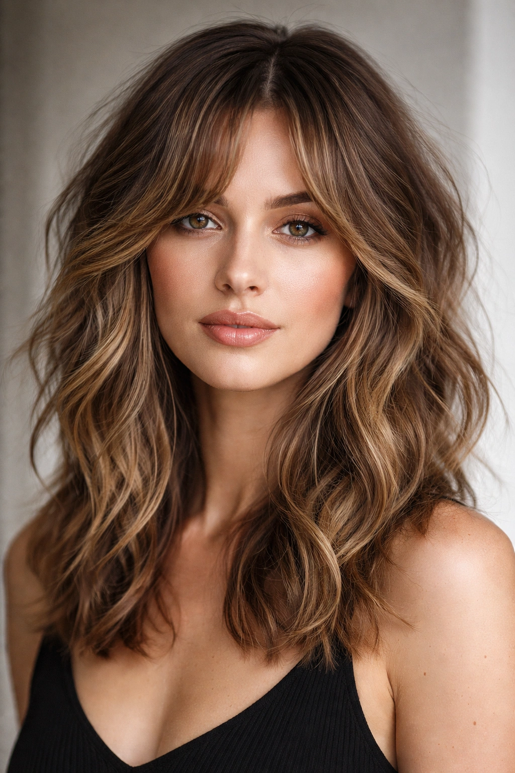 Shoulder-length hair with high-density crown texture and longer, smooth lower half in a high-low choppy style.