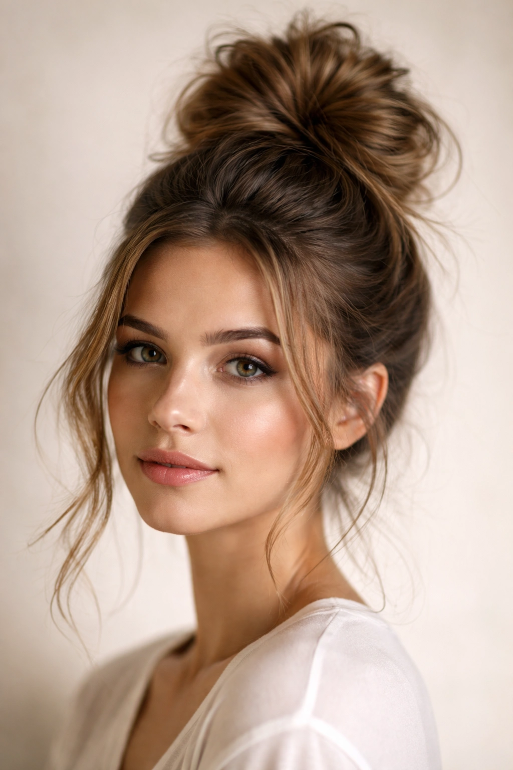 Close-up of The Classic High Messy Bun on top of head with textured strands