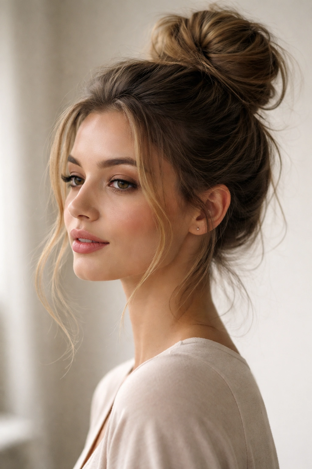 Close-up of a textured high messy bun with loose strands framing the face