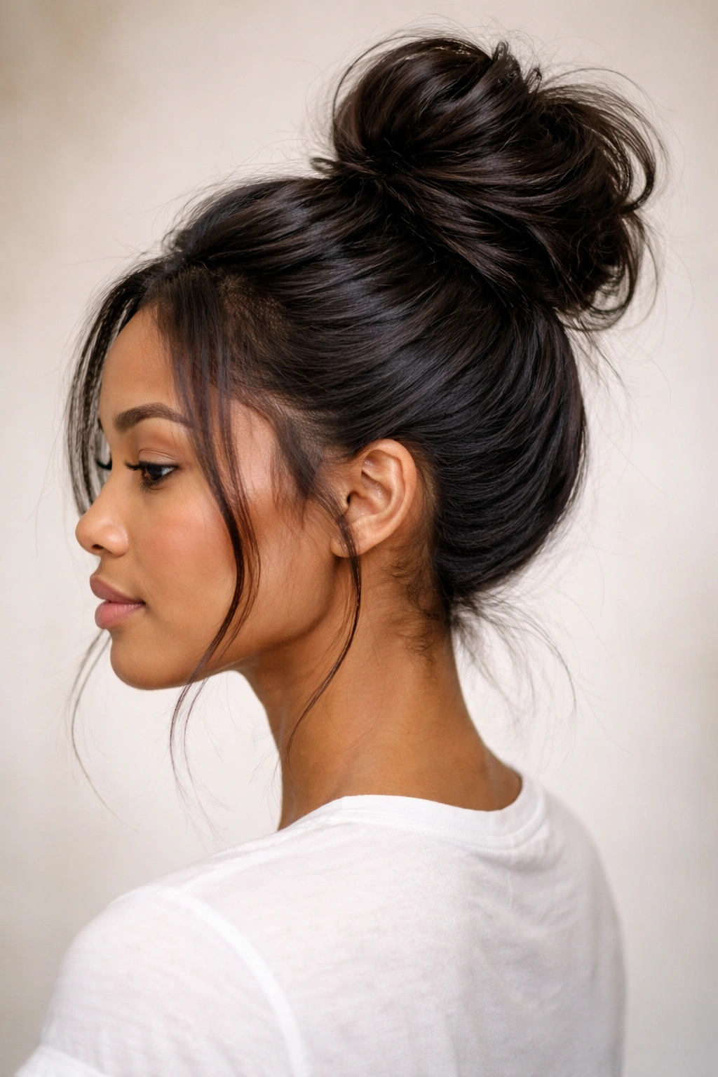 Close-up of a classic high messy bun on relaxed hair with crown volume