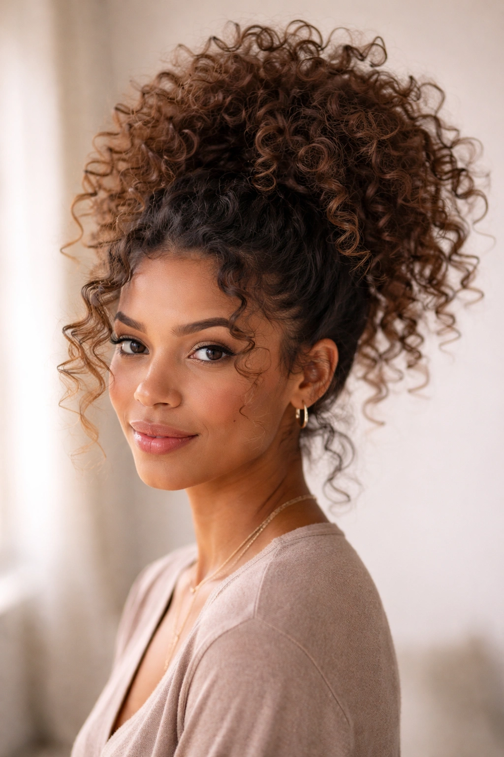 High pineapple hairstyle on curly hair with lifted crown ponytail.
