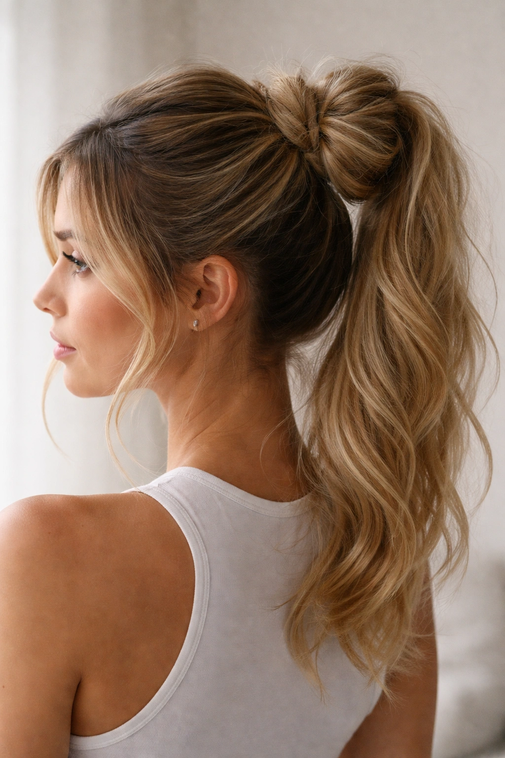 Close-up of a tousled high pony with a soft bun top and wispy strands