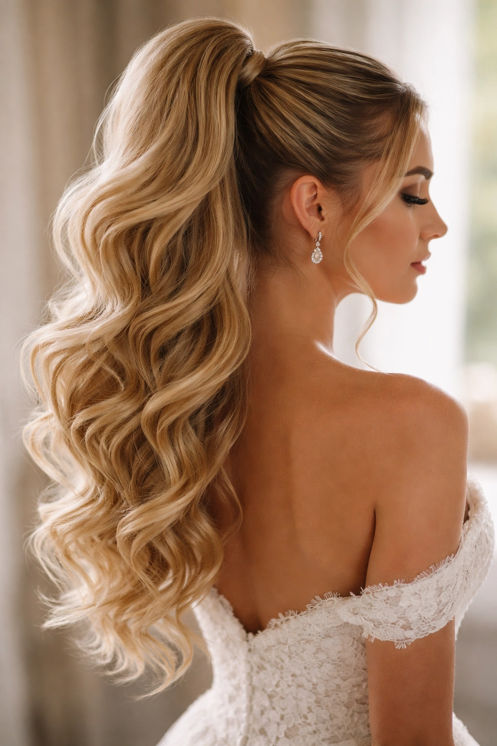 Bridal high ponytail with cascading loose curls