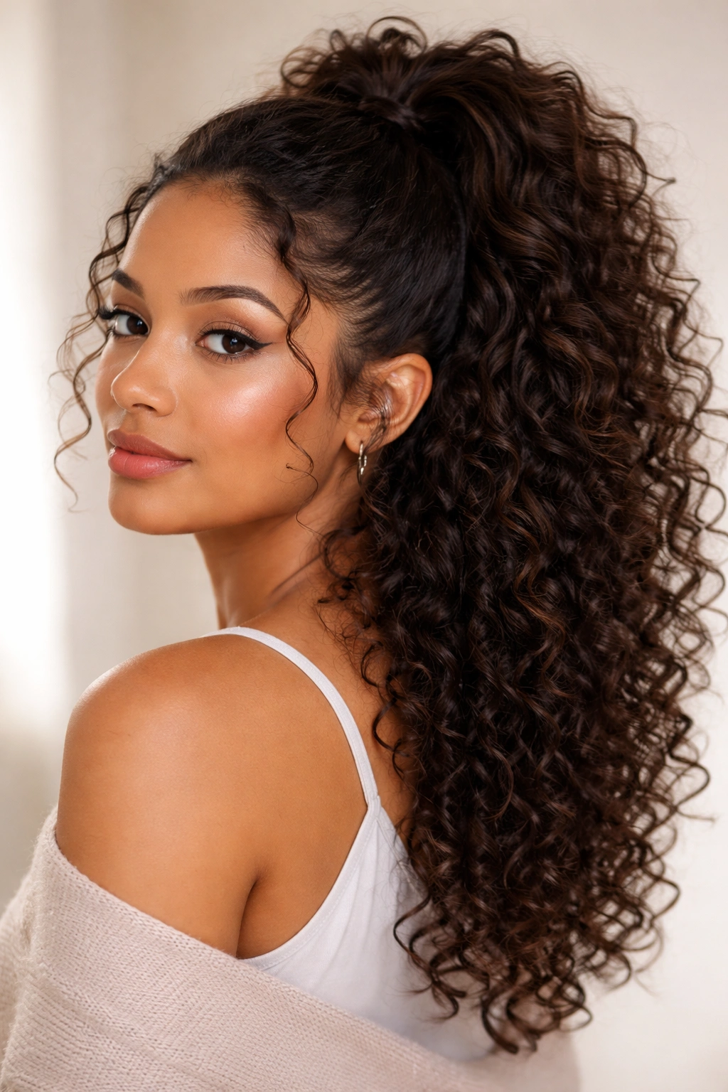 Close-up of a curly hairstyle with a high half-up ponytail and cascading curls