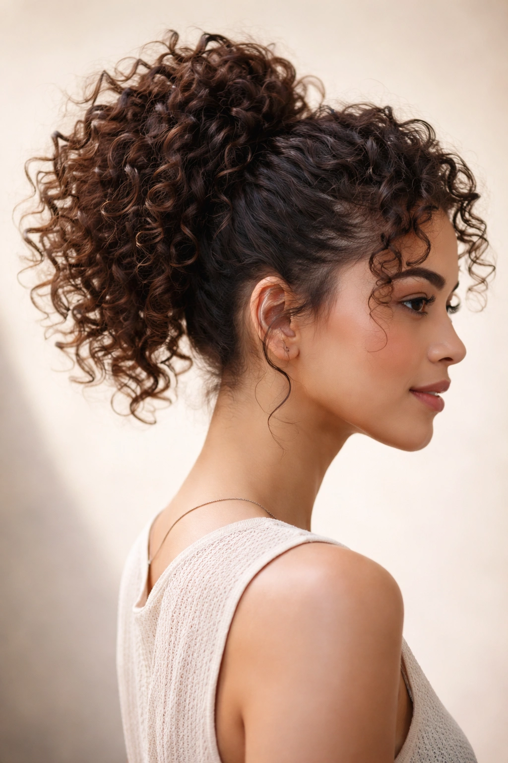 High textured ponytail on short curls