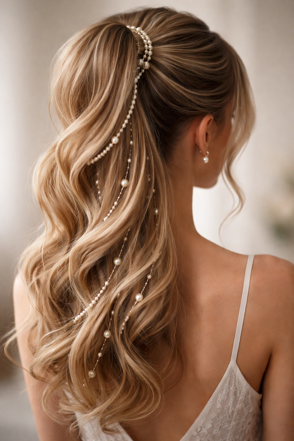 Close-up back view of a high ponytail with pearl strands threaded through the hair