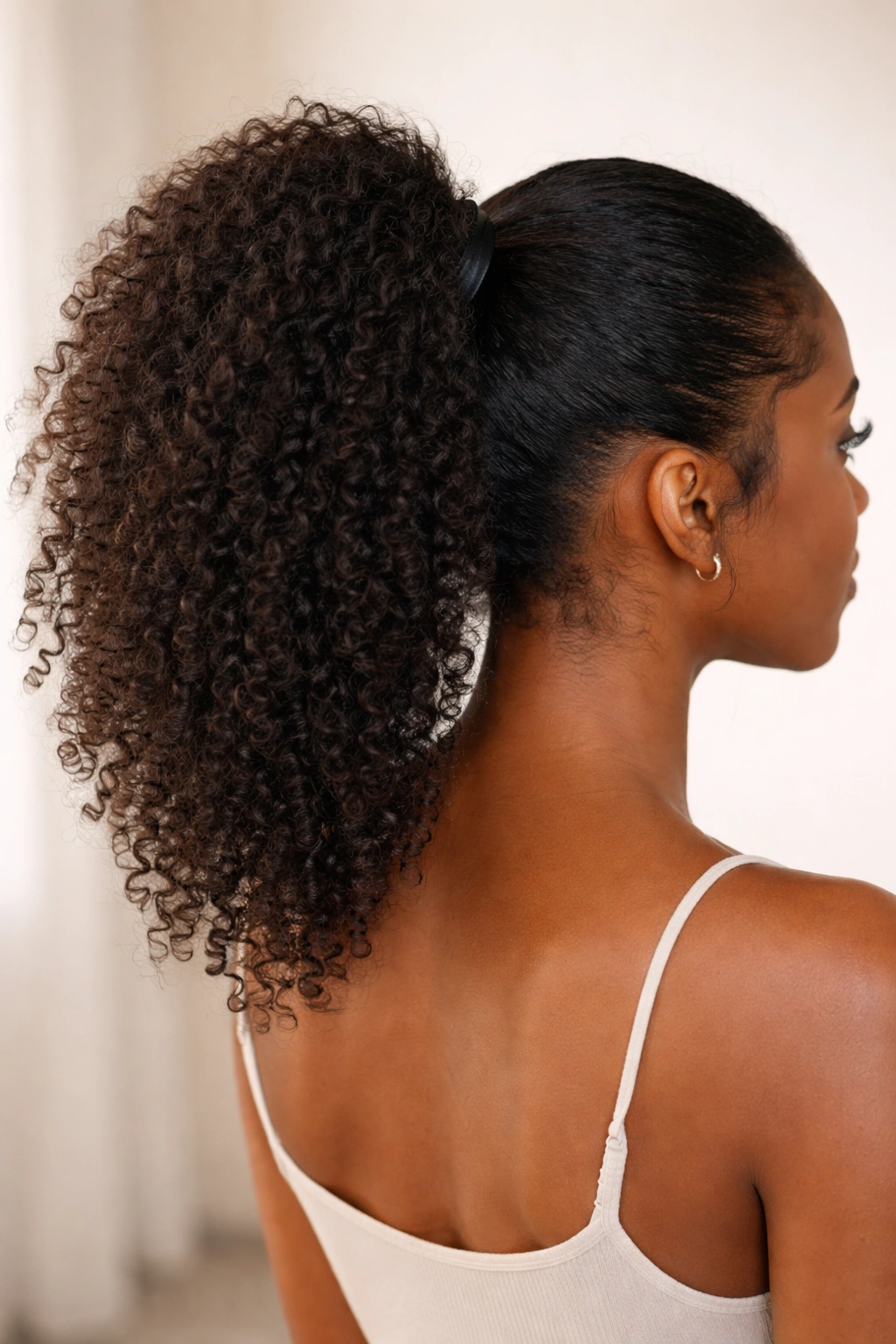 Close-up back view of a high ponytail with textured Afro hair