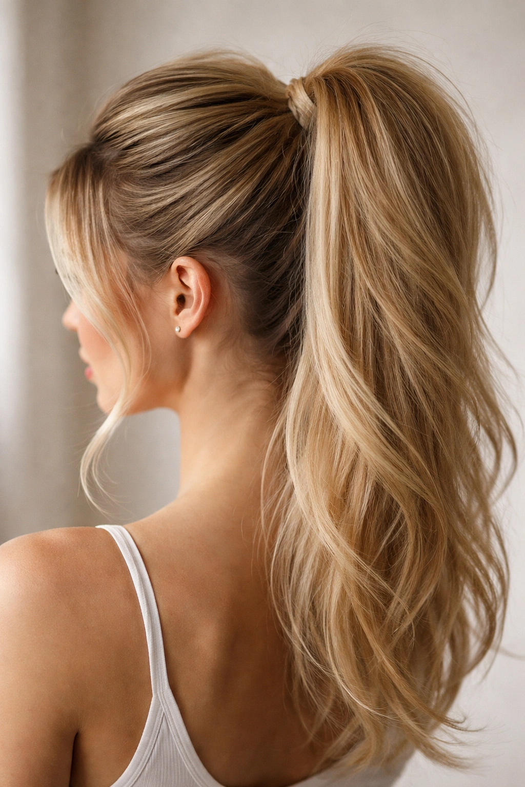 Close-up of textured high ponytail with backcombed crown for volume