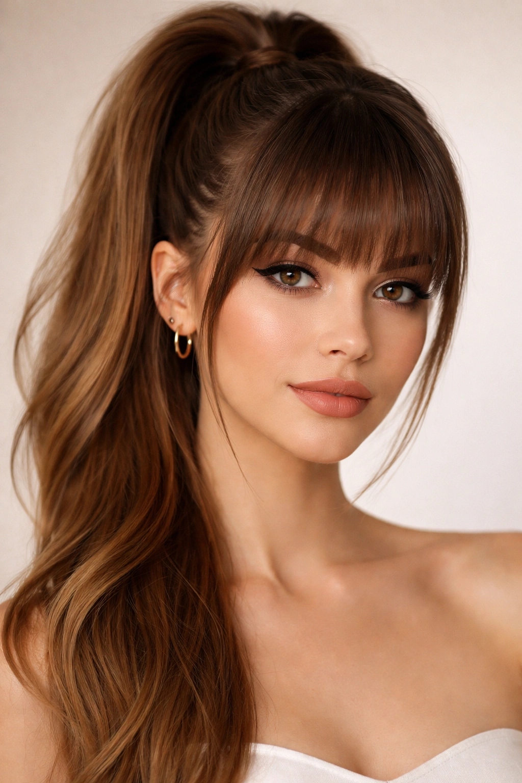 Close-up of a high ponytail with long straight-across bangs framing the face