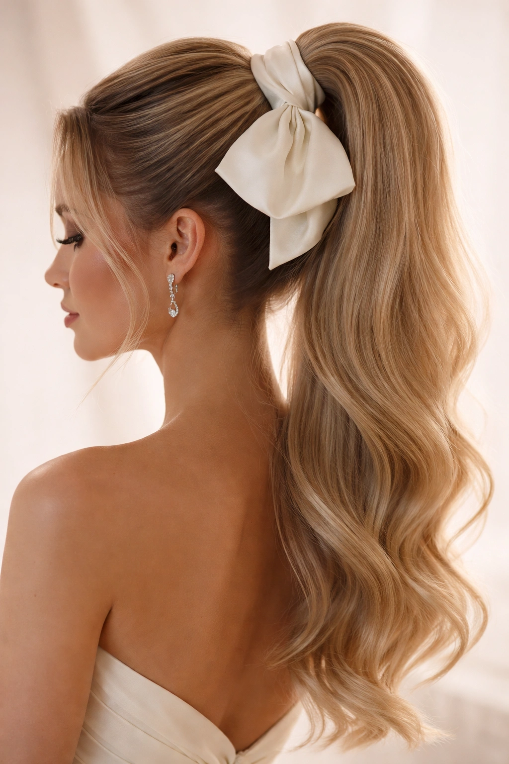 Close-up of high ponytail with sculptural silk bow for bridal look
