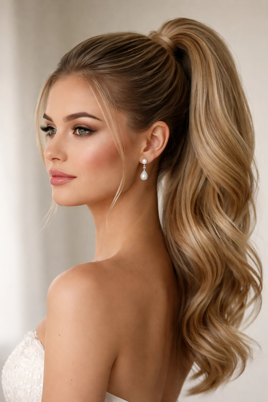 Close-up of a classic high ponytail wedding hairstyle at the crown