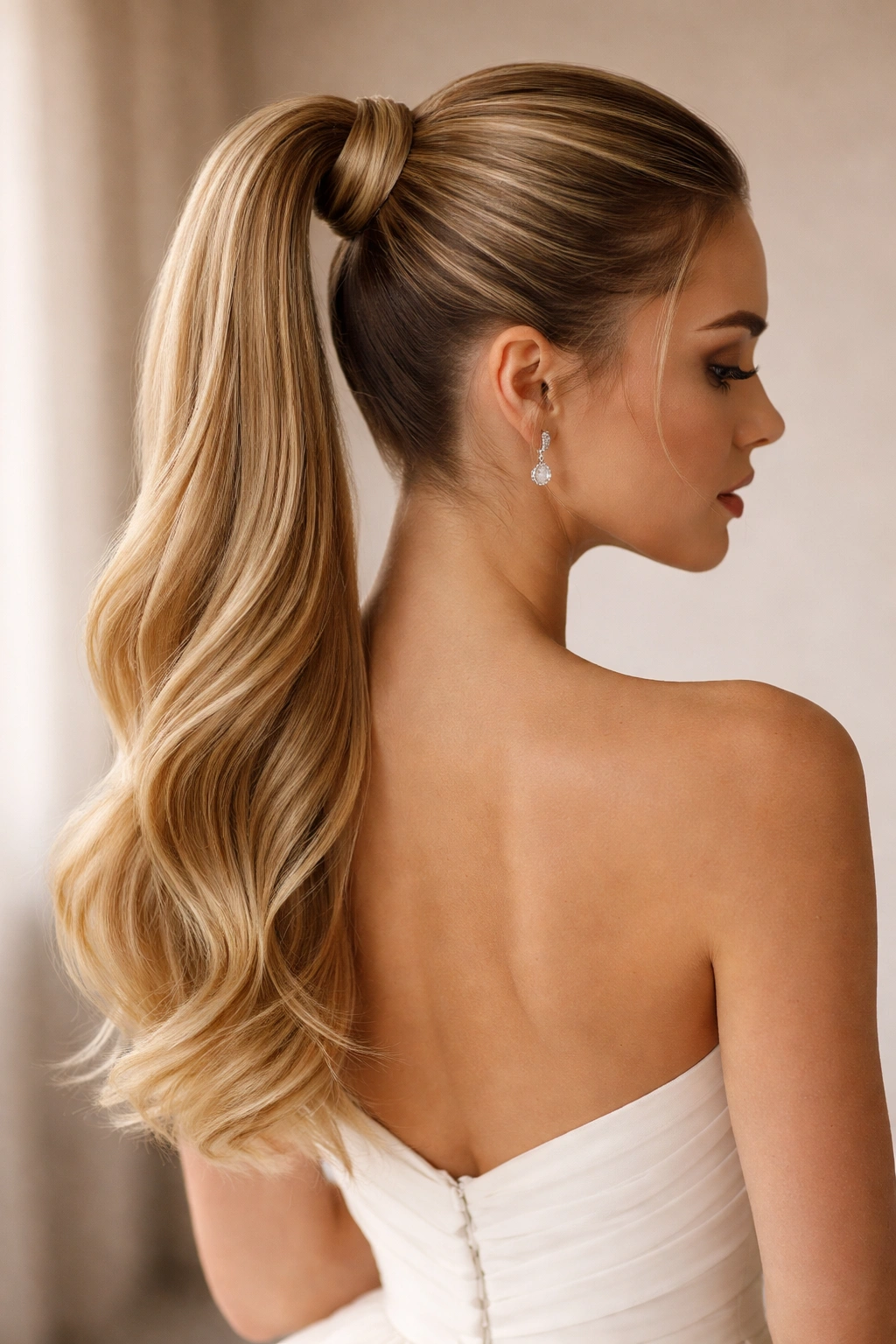 Close-up of a bridal sleek high ponytail with a twisted base.