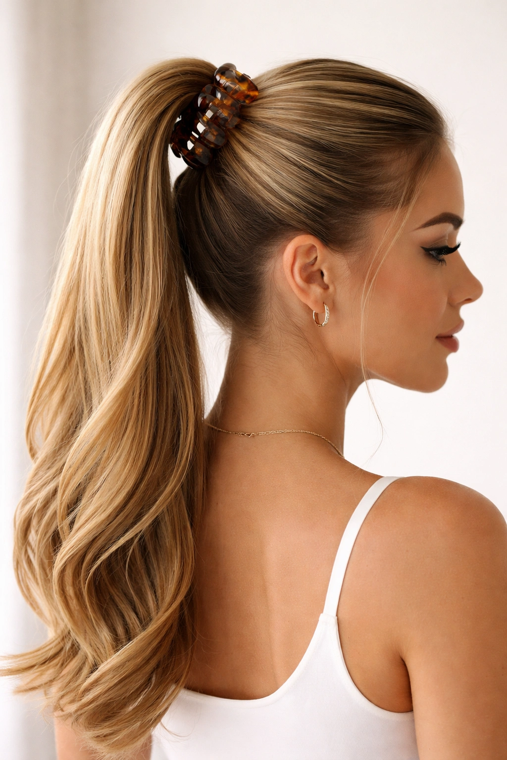 Close-up of a classic sleek high ponytail secured with a claw clip and smooth, taut hair at the crown