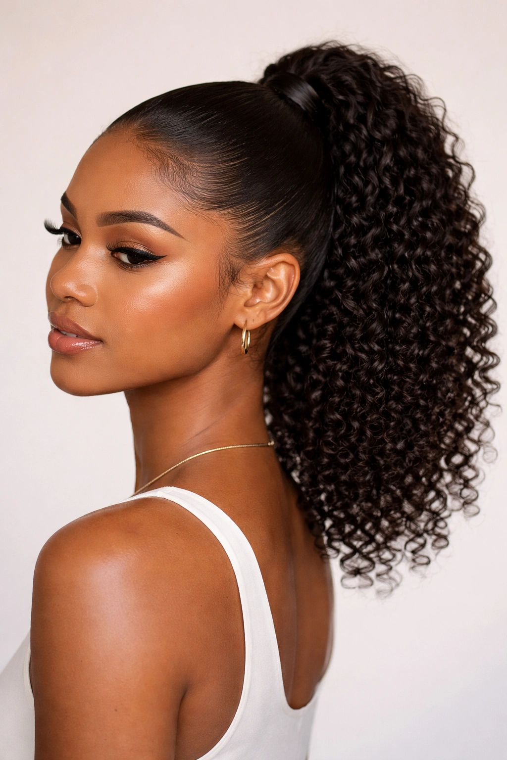 Sleek high ponytail with glossy front and defined curls at back
