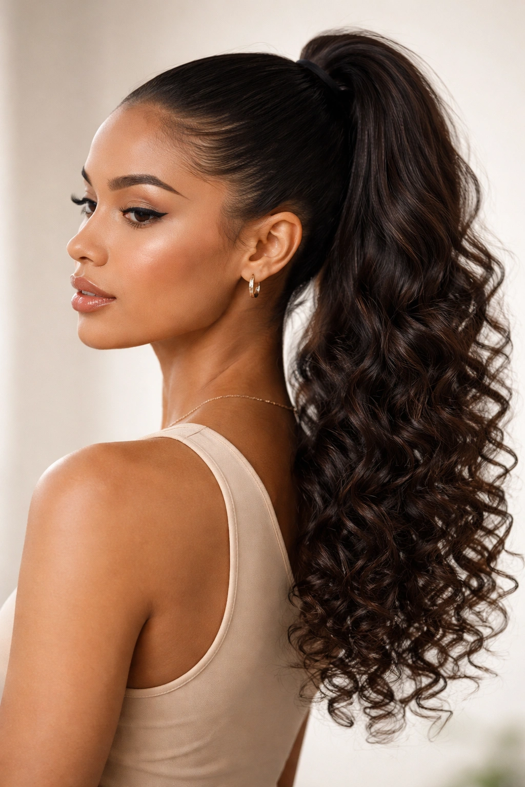 High ponytail with curly ends showing natural curl texture