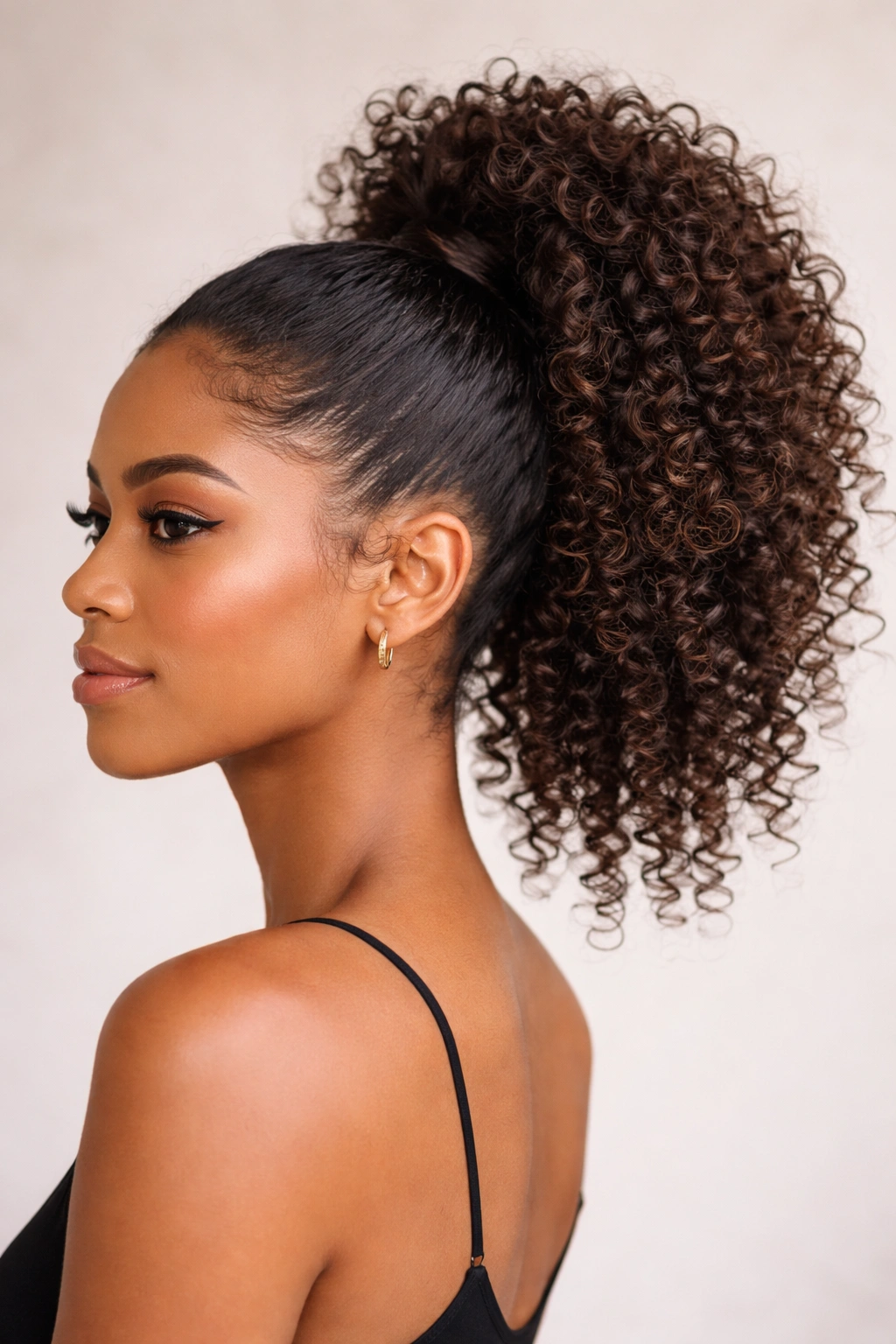 High ponytail with curly hair gathered at crown showing volume.