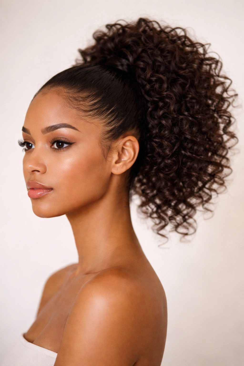 Portrait of a person with a high curly ponytail, highlighting defined curls