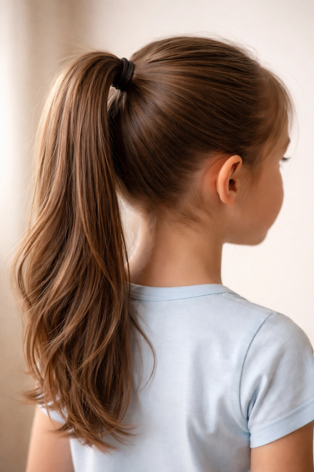 Close-up of a classic high ponytail on smooth hair with an elastic at the crown